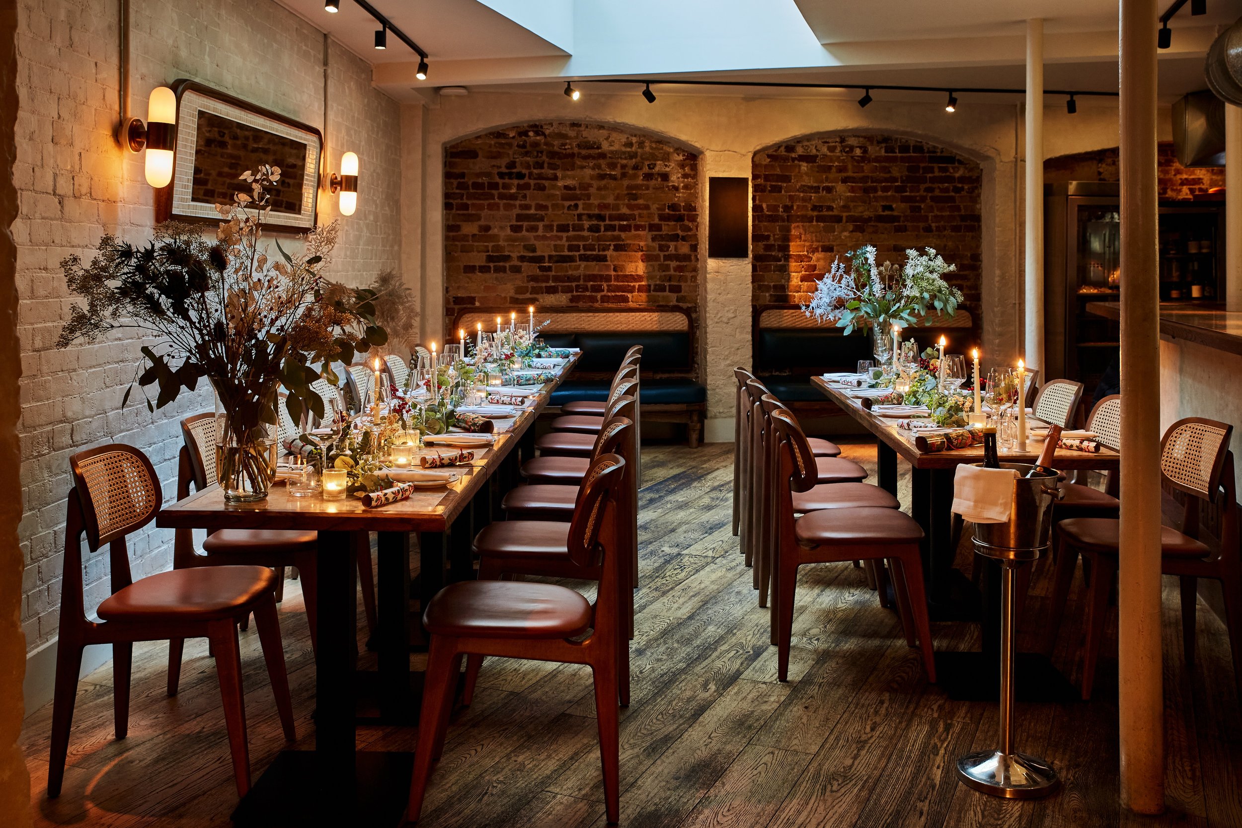 The dining room dressed for a celebration