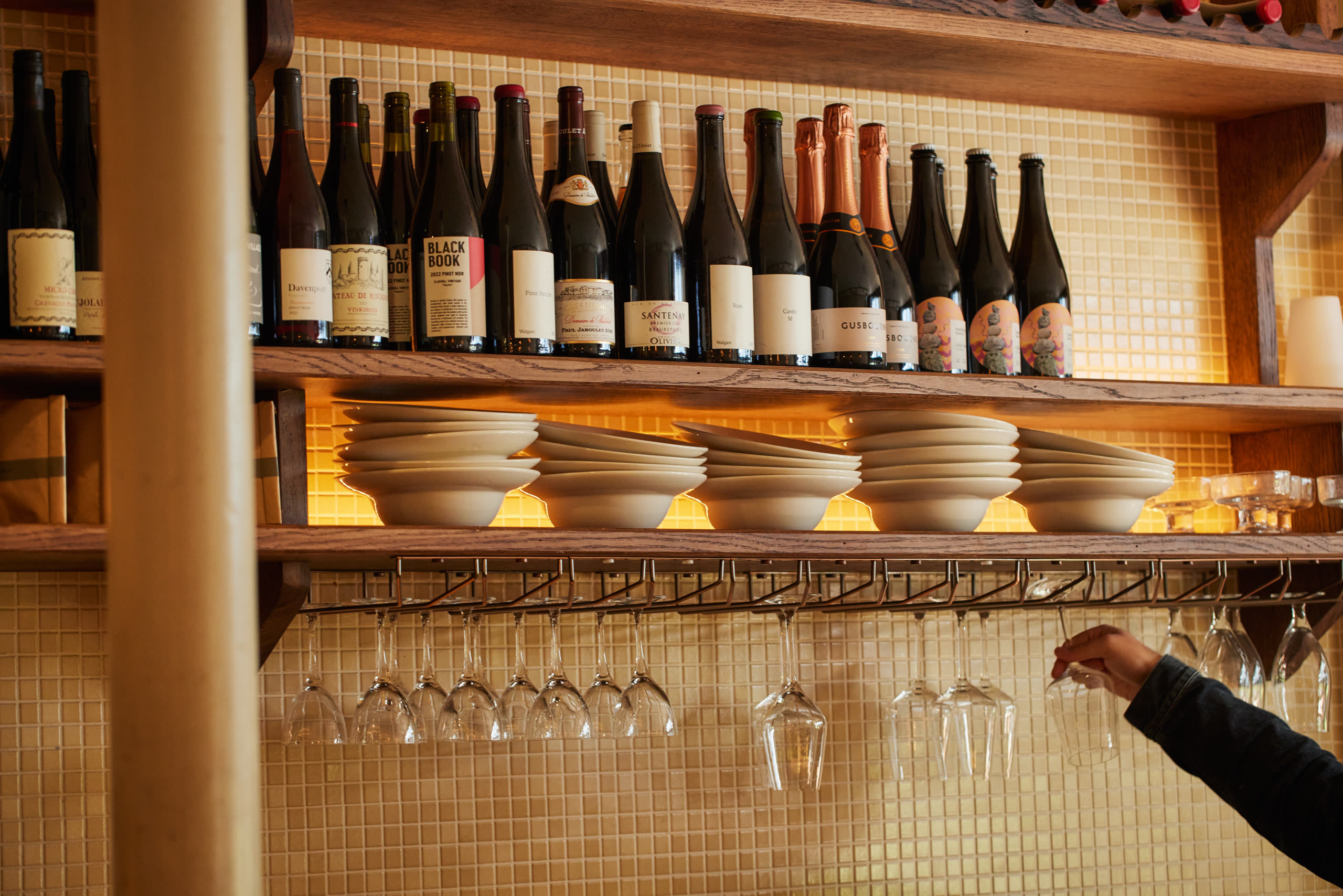 Bottles and bowls on the counter shelves
